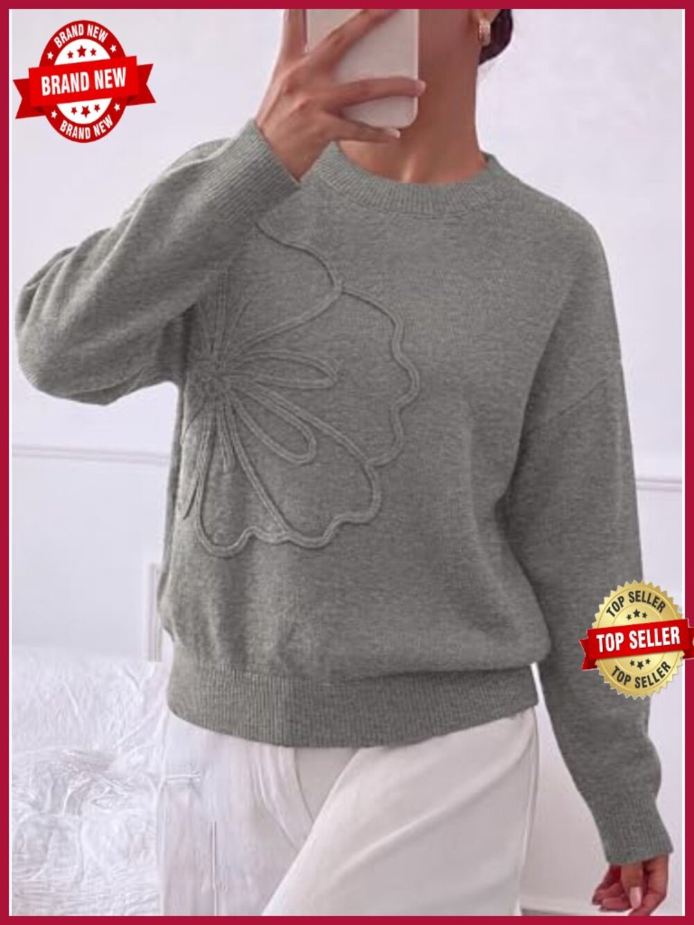 Floral Long Sleeve Knit Pullover Sweater Crewneck Cozy Fall Winter Top - Picture 4 of 6